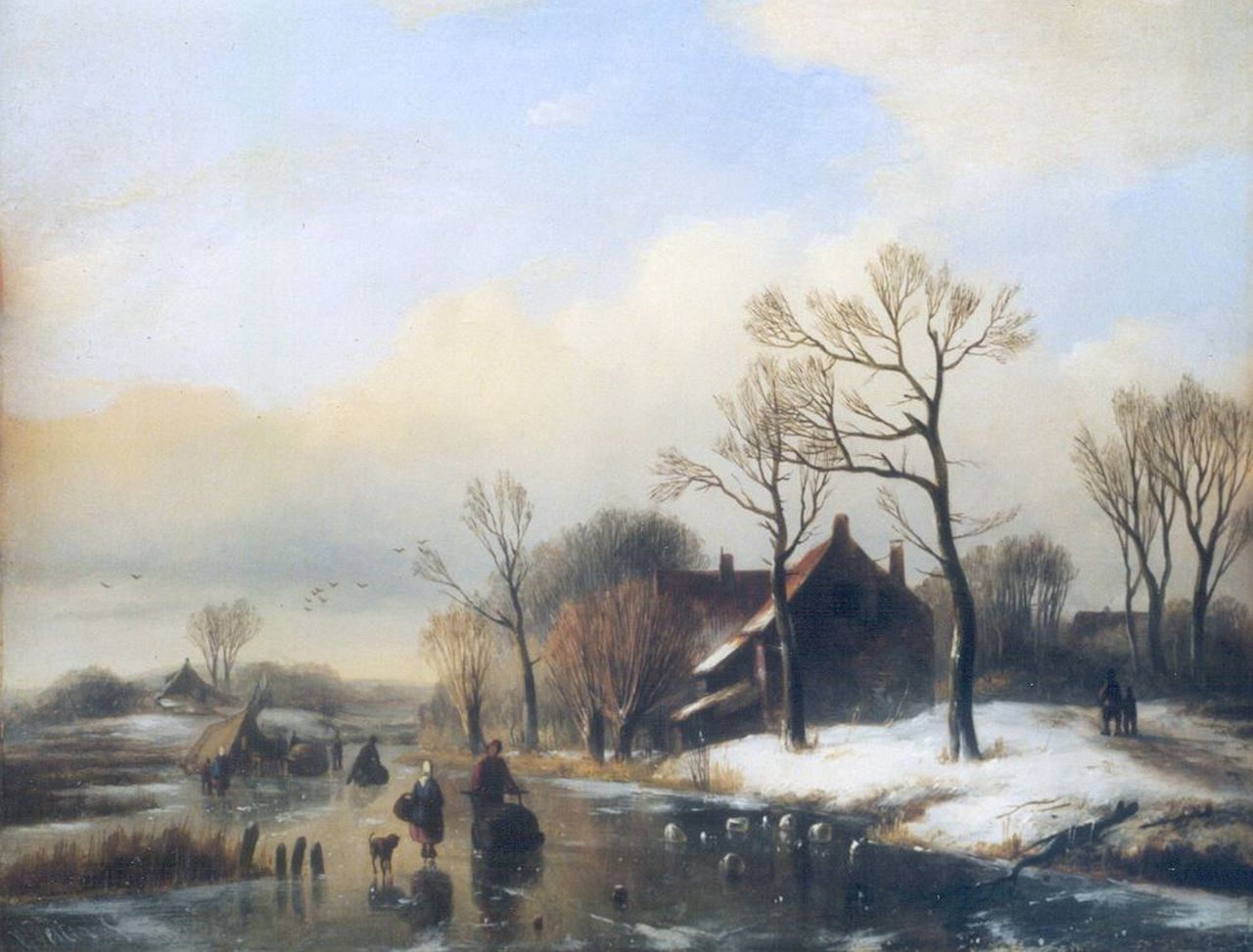 Vester W.  | Willem Vester, A frozen river with skaters and a 'koek-en-zopie', oil on panel 25.5 x 32.2 cm, signed l.l.