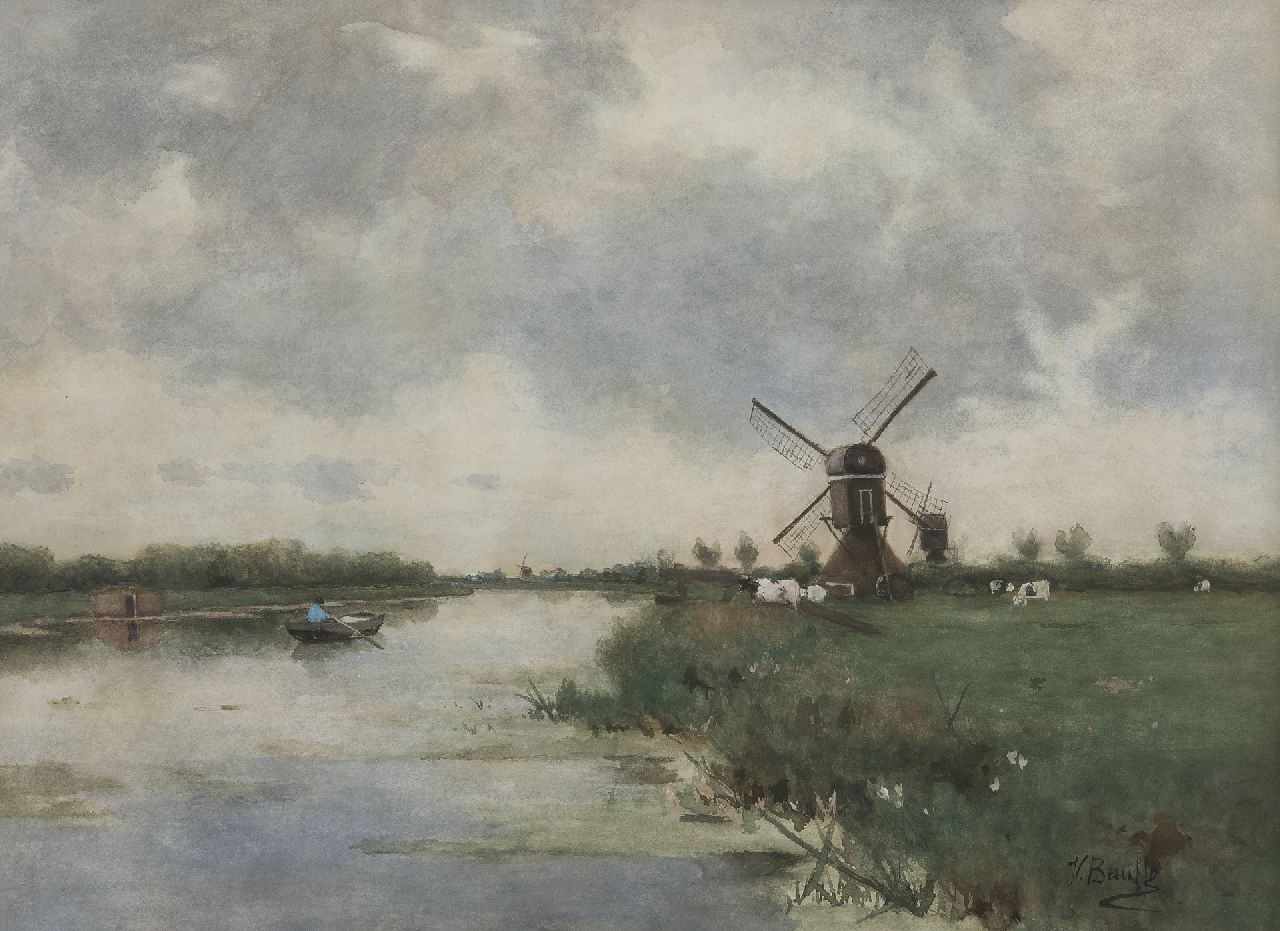 Bauffe V.  | Victor Bauffe | Watercolours and drawings offered for sale | Windmill along a polder canal, watercolour and gouache on paper 46.6 x 65.2 cm, signed l.r.