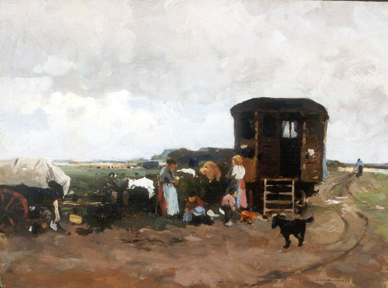 Vreedenburgh C.  | Cornelis Vreedenburgh, Figures by a caravan, oil on panel 31.7 x 42.2 cm, signed l.r. and dated '07