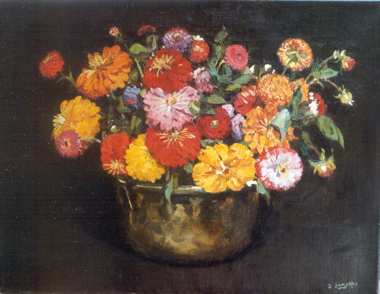 Berend Adrianus Bongers | Zinnias in a copper bowl, oil on canvas, 44.6 x 56.9 cm, signed l.r.