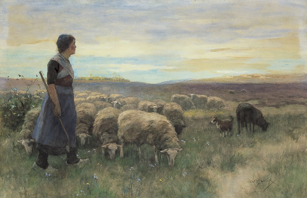 Steelink jr. W.  | Willem Steelink jr., A shepherdess and flock on the heath, watercolour on paper 68.0 x 102.0 cm, signed l.r.