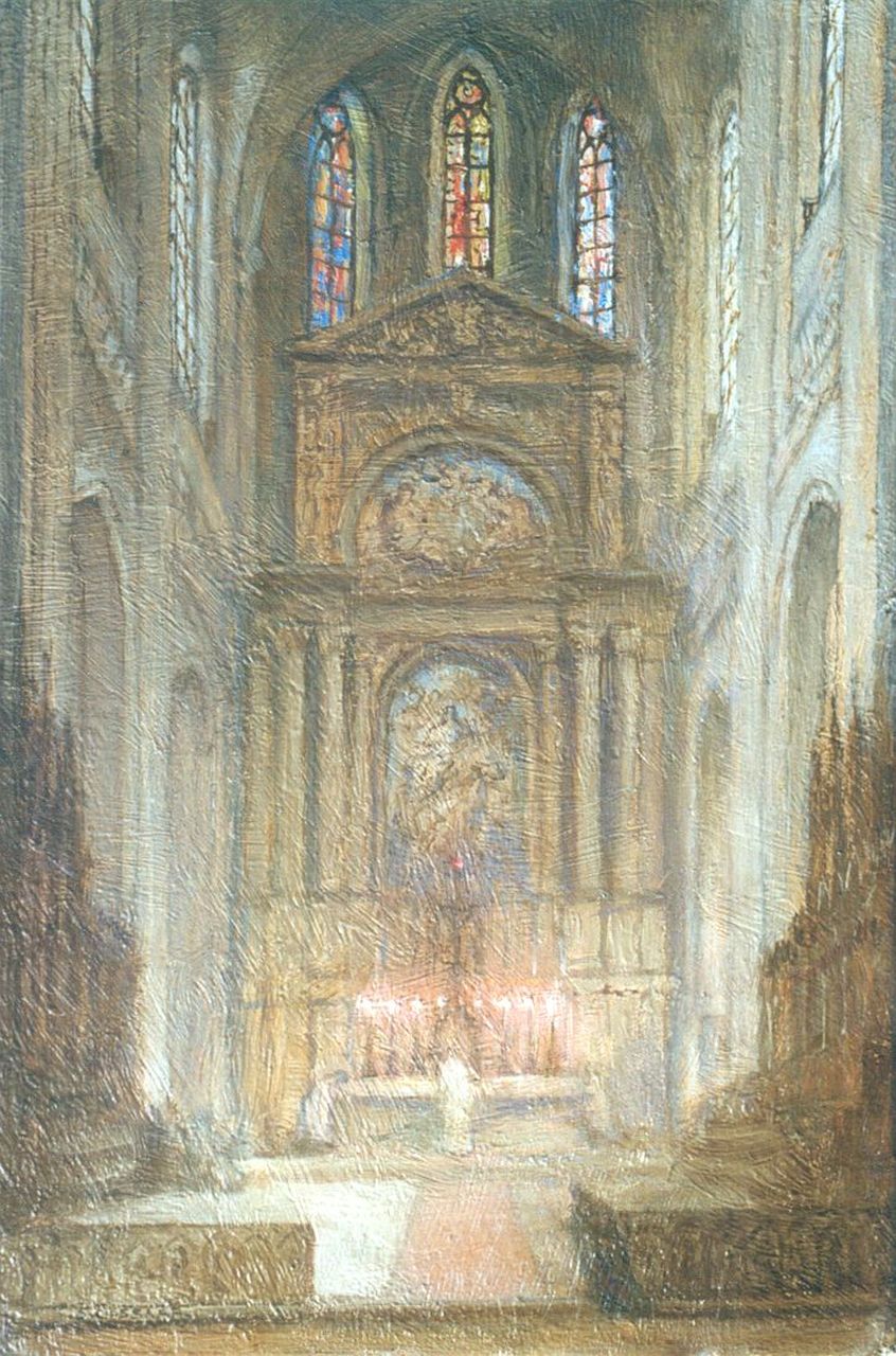 Cossaar J.C.W.  | Jacobus Cornelis Wyand 'Ko' Cossaar, A church interior, oil on canvas 40.5 x 27.0 cm, signed l.l.