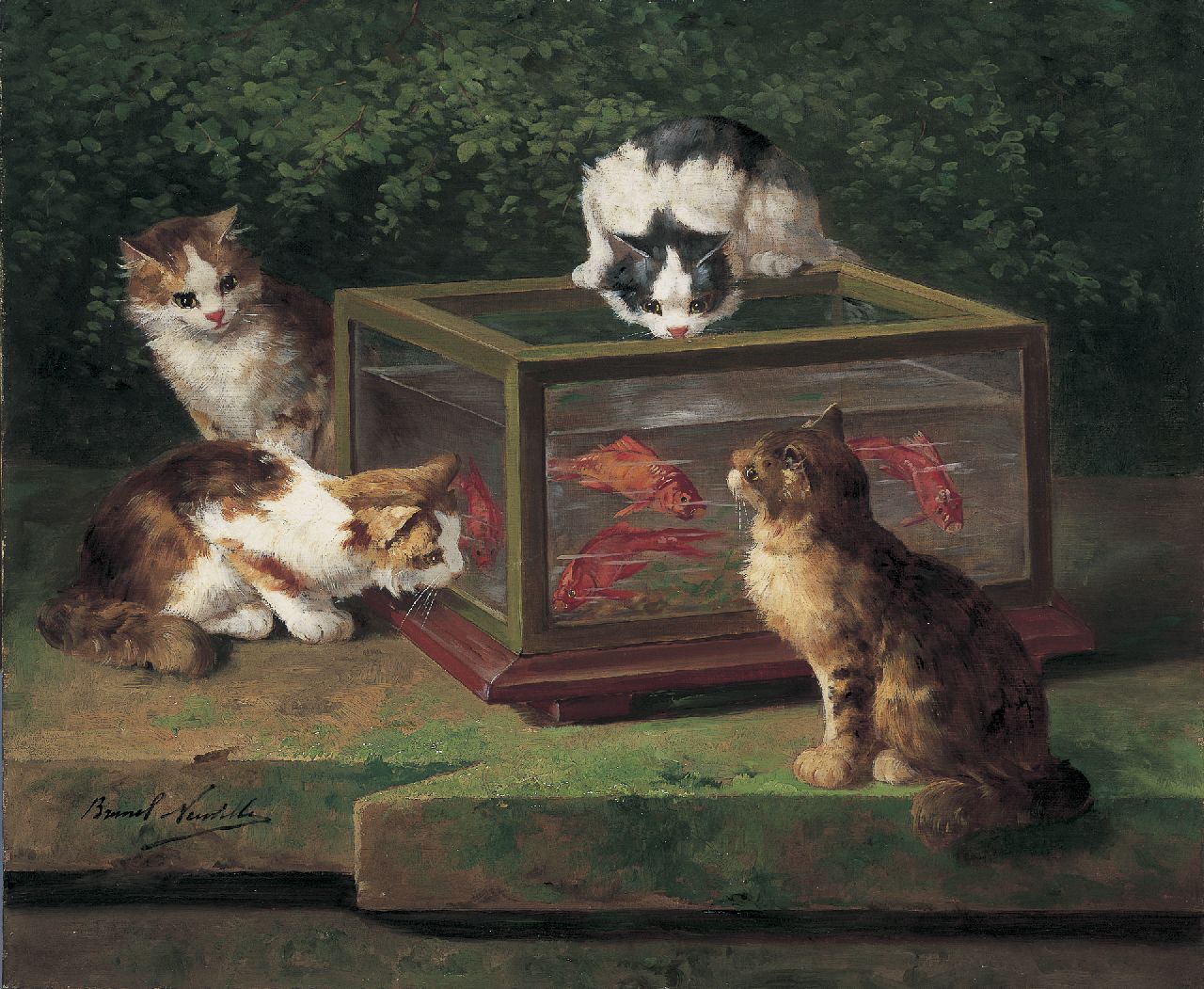 Brunel de Neuville A.A. de | Alfred-Arthur de Brunel de Neuville, Four hungry cats, oil on canvas 54.0 x 65.2 cm, signed l.l.
