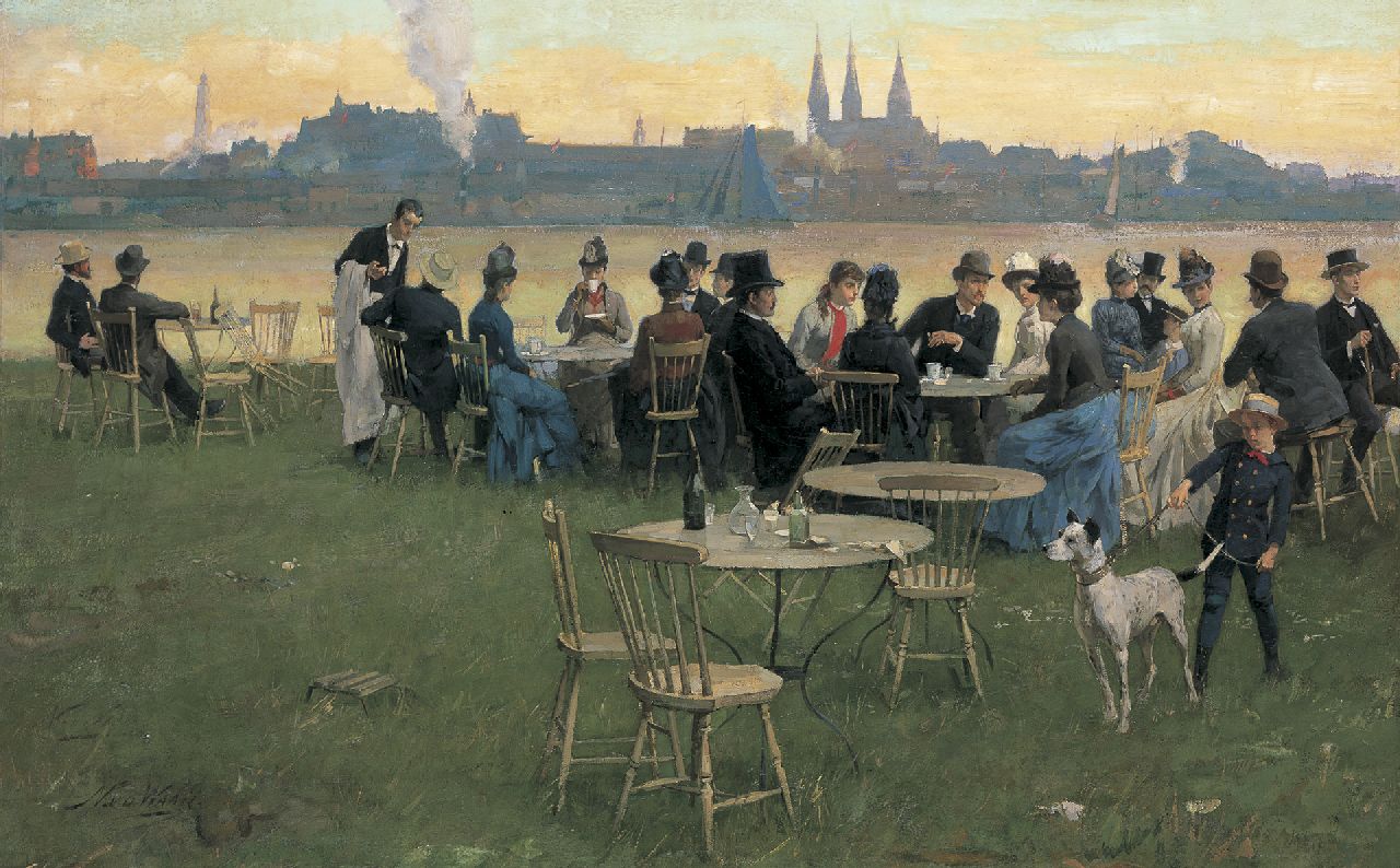 Waay N. van der | Nicolaas van der Waay, A summer evening at the Tolhuis, Amsterdam, oil on canvas 66.0 x 105.0 cm, signed l.l. and painted circa 1891