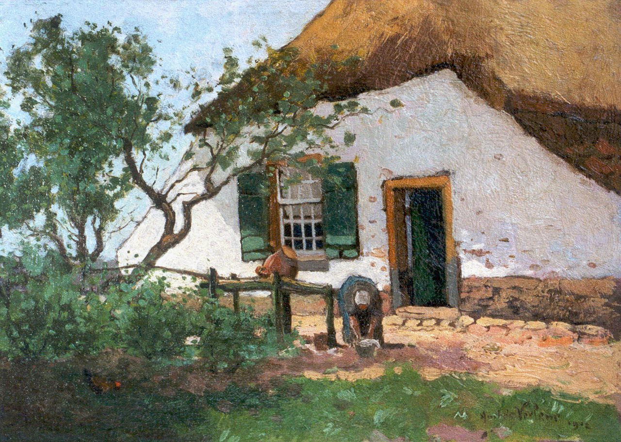 Verleur A.  | Andries Verleur, A woman on a yard, oil on canvas laid down on panel 30.1 x 42.5 cm, signed l.r. and dated 1912