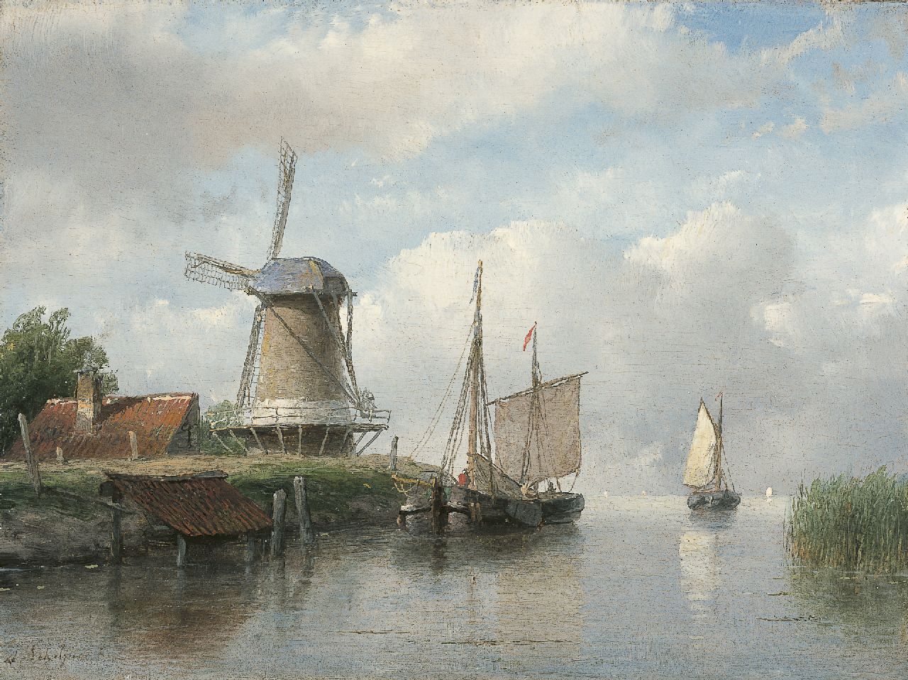 Schelfhout A.  | Andreas Schelfhout, Moored sailing vessels by a windmill, oil on panel 16.8 x 22.4 cm, signed l.l. and painted between 1843-1858
