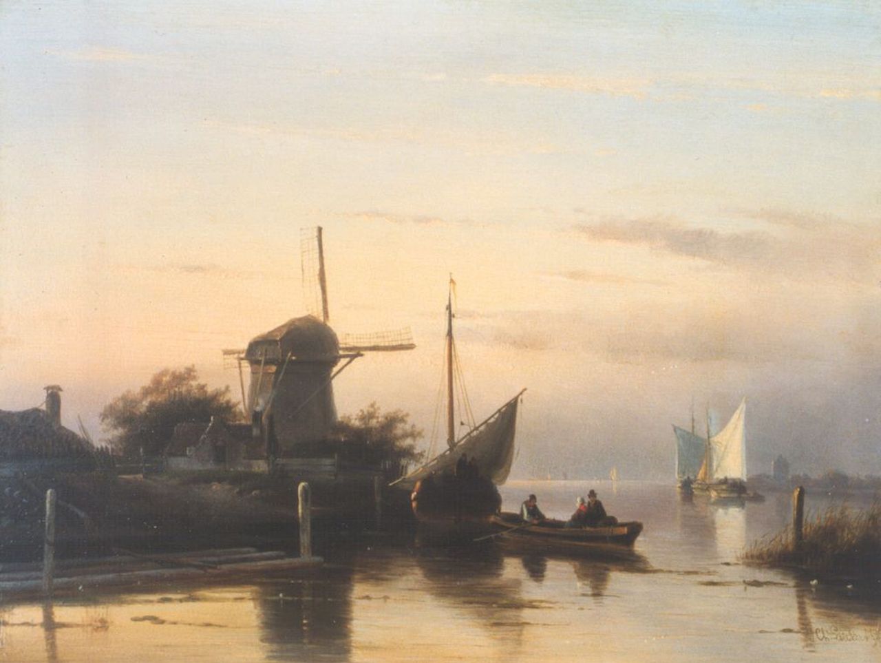Leickert C.H.J.  | 'Charles' Henri Joseph Leickert, A barge departing, oil on panel 24.8 x 32.7 cm, signed l.r.