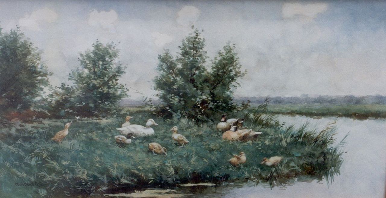 Artz C.D.L.  | 'Constant' David Ludovic Artz, A duck family at the waterside, watercolour on paper 28.7 x 52.5 cm, signed signed l.l. fake