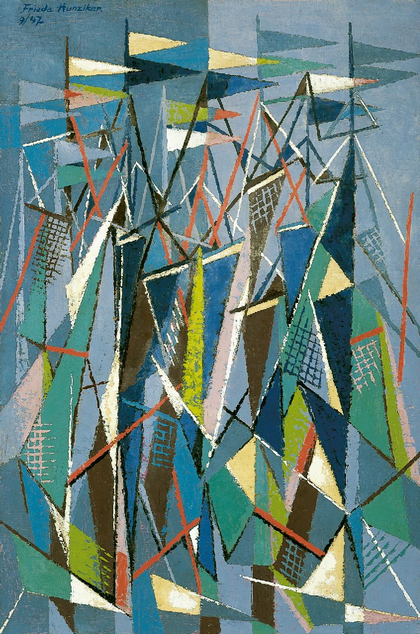 Hunziker F.  | Frieda Hunziker, Masts and sails, oil on canvas 90.3 x 60.5 cm, signed o.l. and dated 9/47