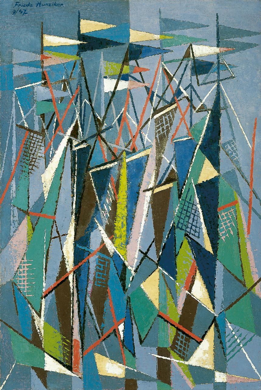 Hunziker F.  | Frieda Hunziker, Masts and sails, oil on canvas 90.3 x 60.5 cm, signed o.l. and dated 9/47