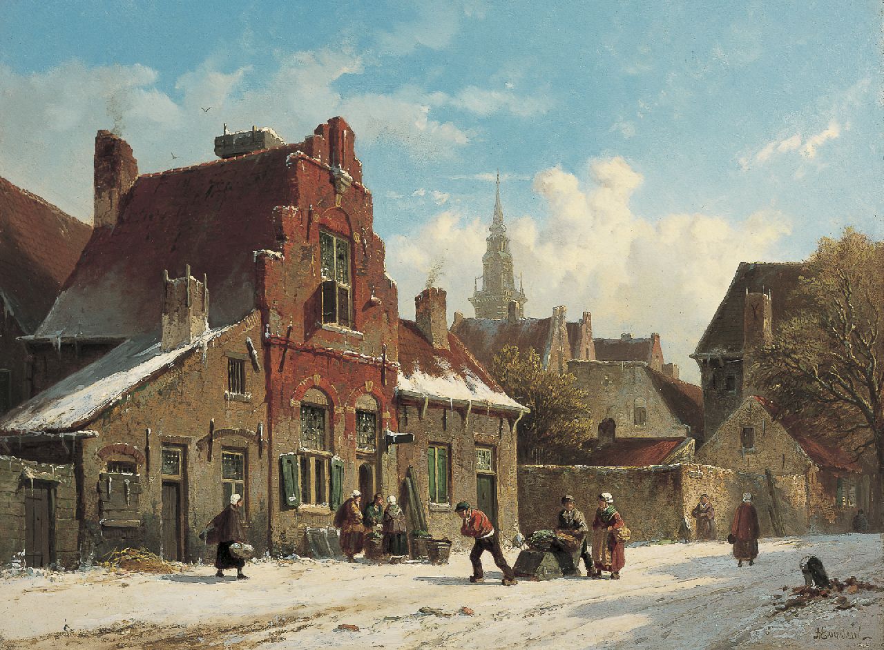 Eversen A.  | Adrianus Eversen, A snow-covered Dutch town, oil on panel 31.7 x 42.7 cm, signed l.r. and on the reverse on traces of label