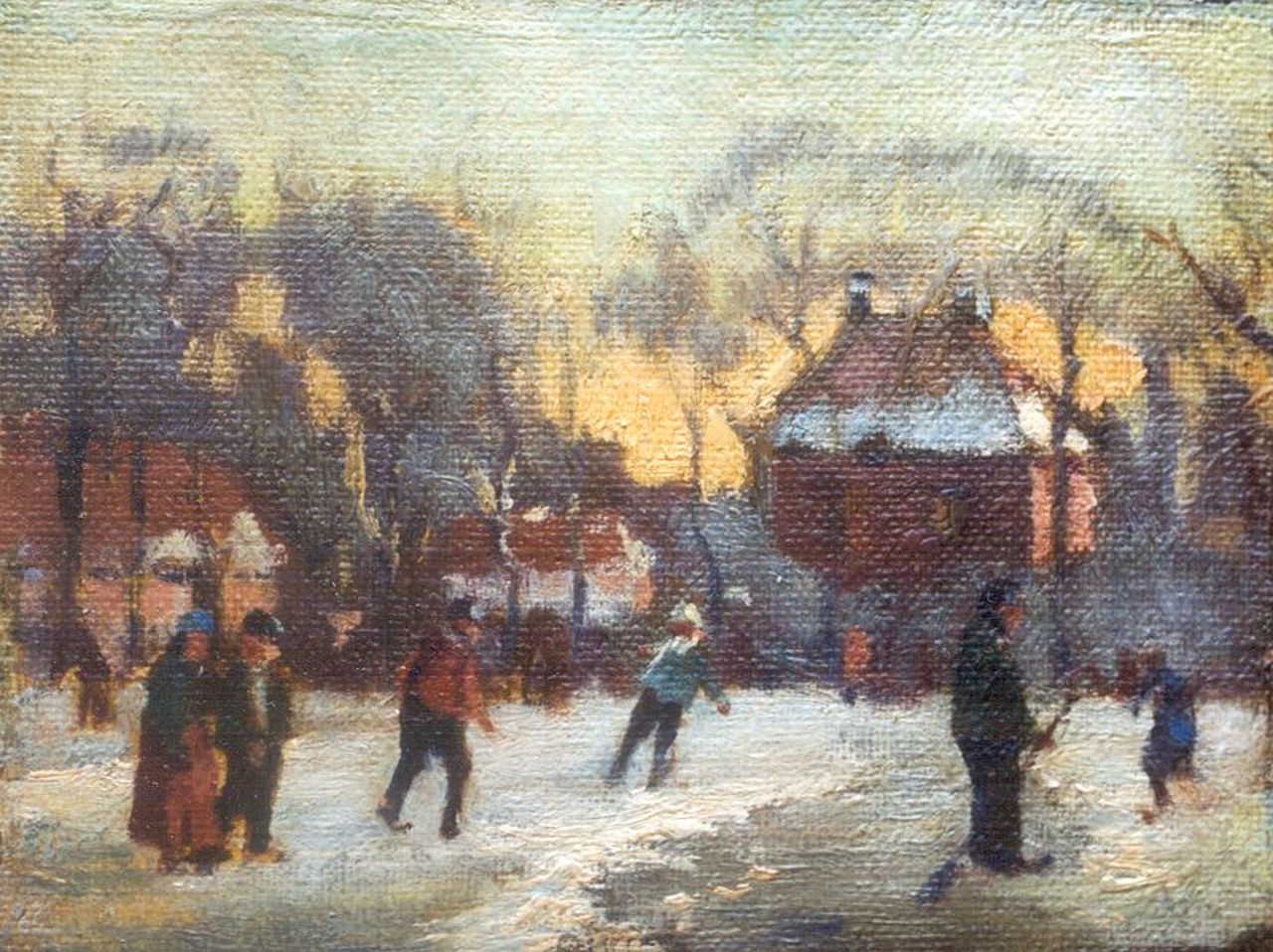 Klijn W.H.  | Wilhelm Heinrich 'Willem' Klijn, Skaters on the ice, oil on canvas laid down on panel 11.0 x 14.2 cm