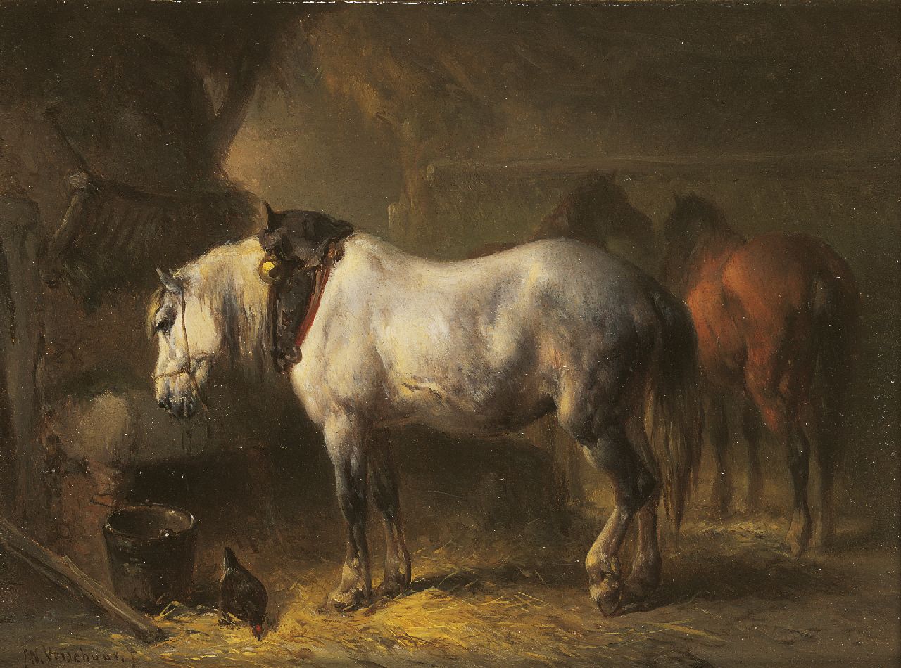 Verschuur W.  | Wouterus Verschuur, In the stable, oil on panel 13.9 x 18.5 cm, signed l.l. and on label (reverse)