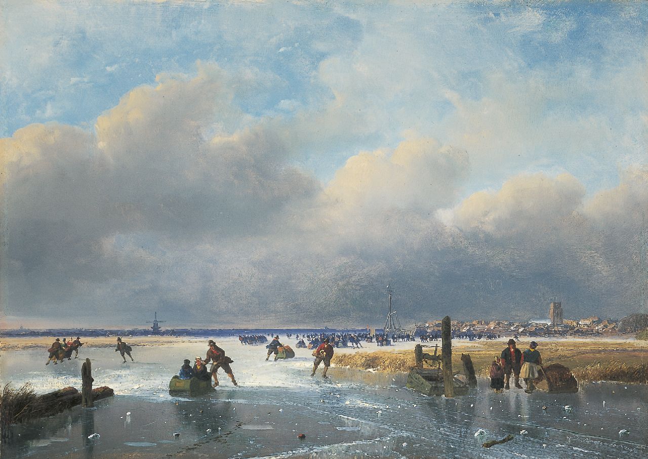 Roosenboom N.J.  | Nicolaas Johannes Roosenboom, Skaters on the ice near Dordrecht, oil on panel 35.1 x 49.6 cm, signed l.r. and executed in the late fifties or sixties