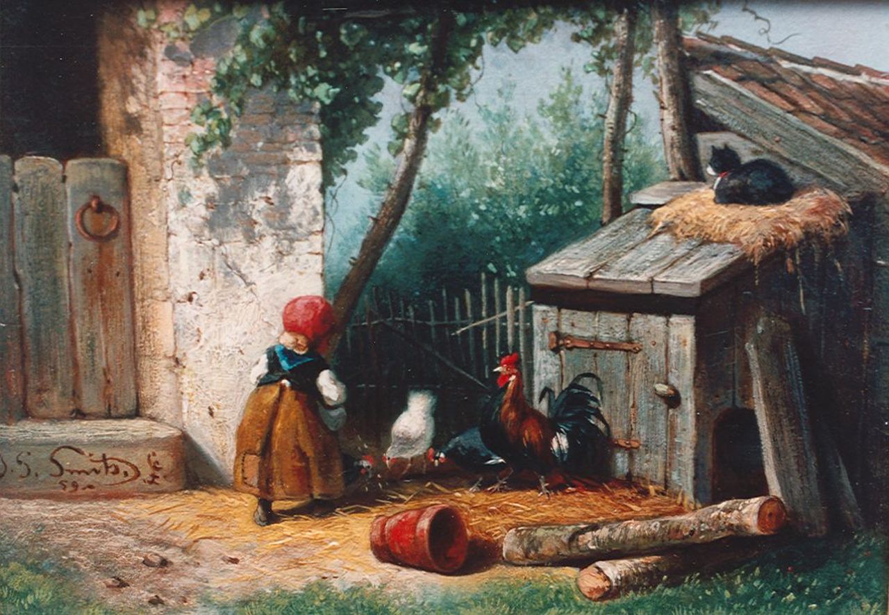 Smits J.G.  | Jan Gerard Smits, Feeding the chickens, oil on panel 14.0 x 19.5 cm, signed l.l. and dated '59