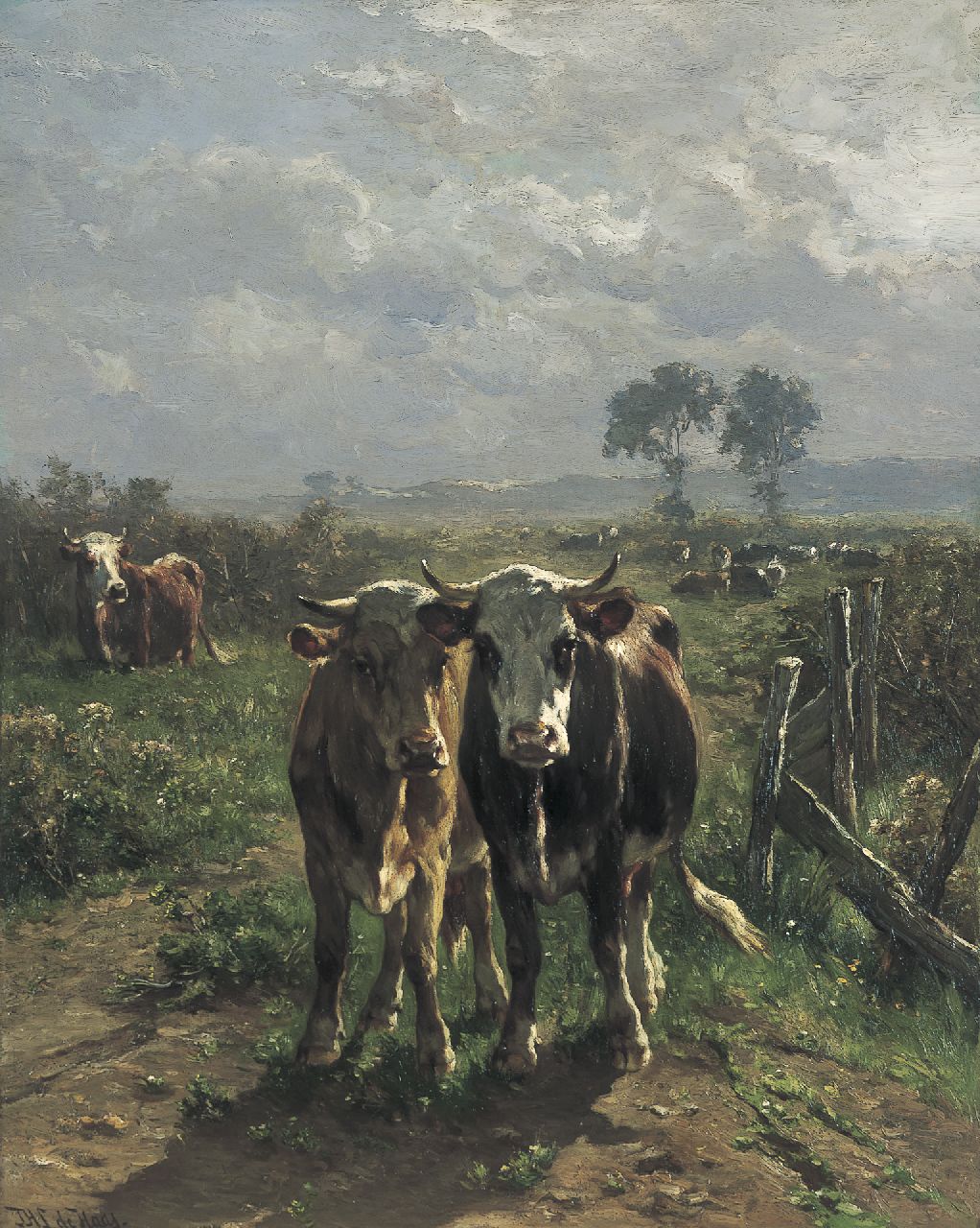 Haas J.H.L. de | Johannes Hubertus Leonardus de Haas, Cows in a sunlit Landscape, oil on panel 80.8 x 64.5 cm, signed l.l.