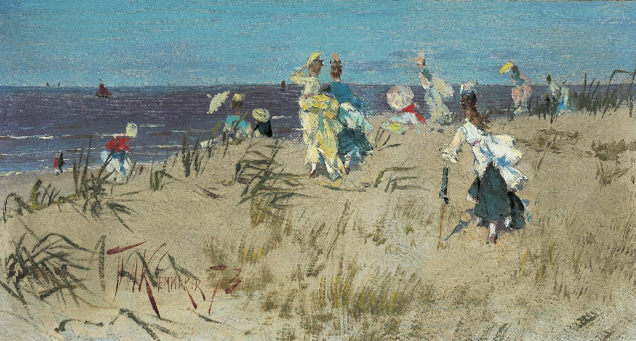 Kaemmerer F.H.  | Frederik Hendrik Kaemmerer, Elegant ladies in the dunes, oil on paper laid down on canvas 15.5 x 27.4 cm, signed l.l. and dated '73