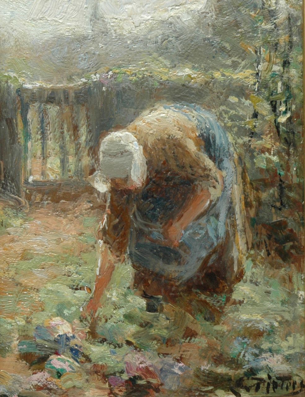 Pieters E.  | Evert Pieters, A farmer's wife at work (counterpart of inventory number 7485), oil on panel 16.0 x 12.0 cm, signed l.r.