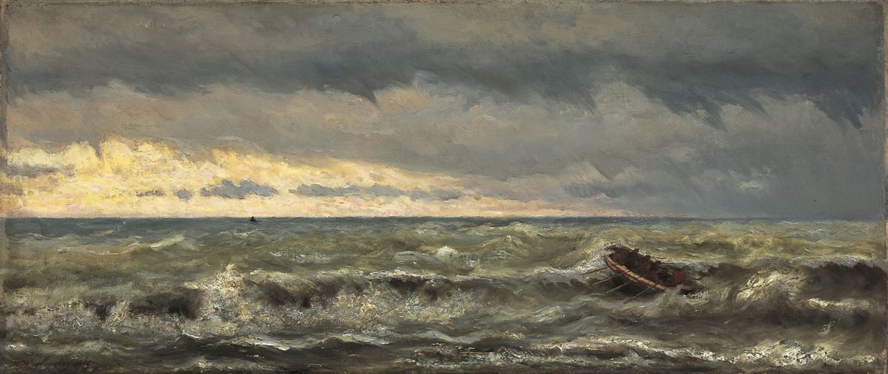 Mesdag H.W.  | Hendrik Willem Mesdag, Reddingsboot in de branding, oil on canvas 44.4 x 103.5 cm, gesigneerd linksonder and gedateerd 1869
