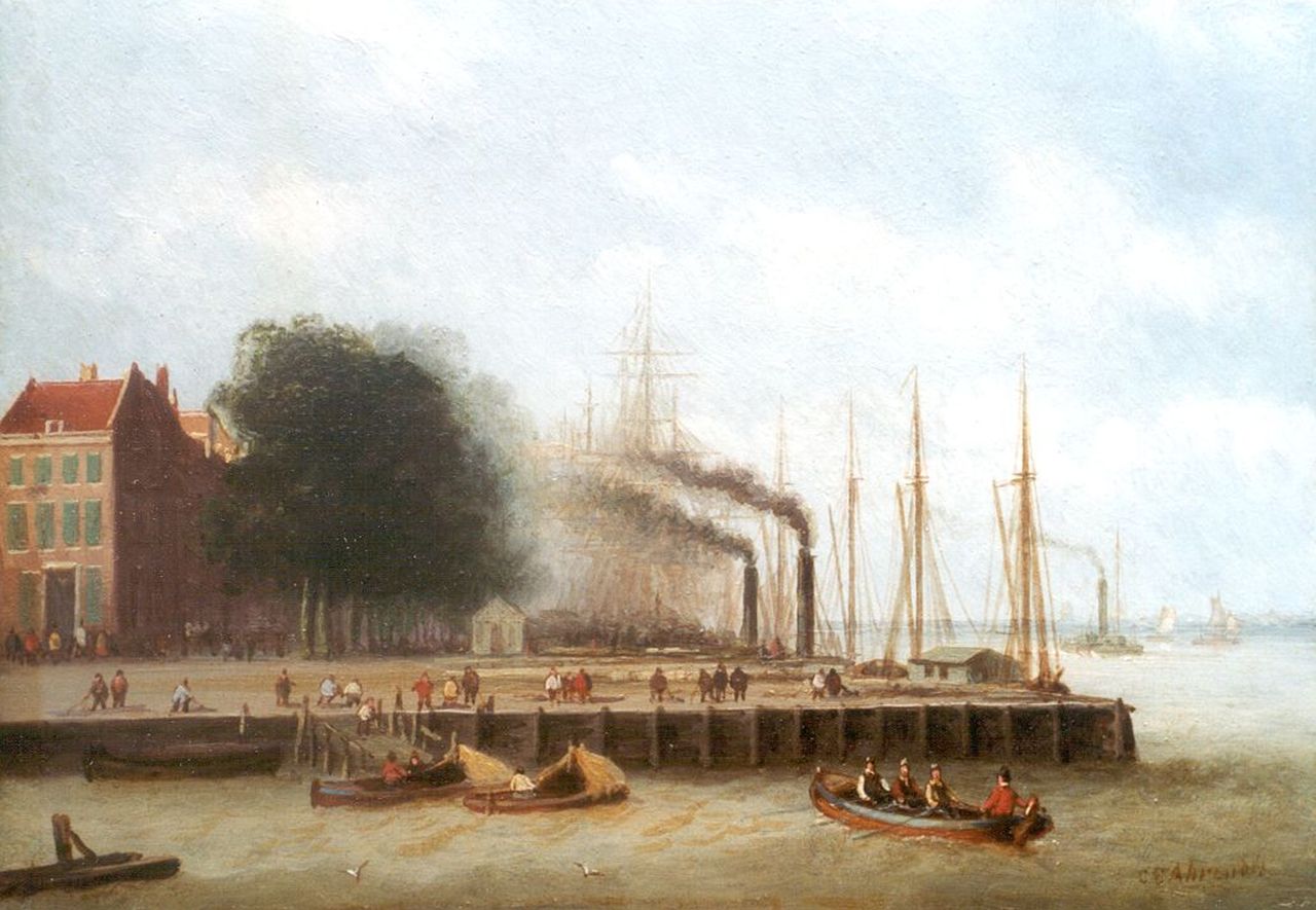 Ahrendts C.E.  | Carl Eduard Ahrendts, A view of the 'Boompjes', Rotterdam, oil on panel 16.1 x 22.8 cm, signed l.r.