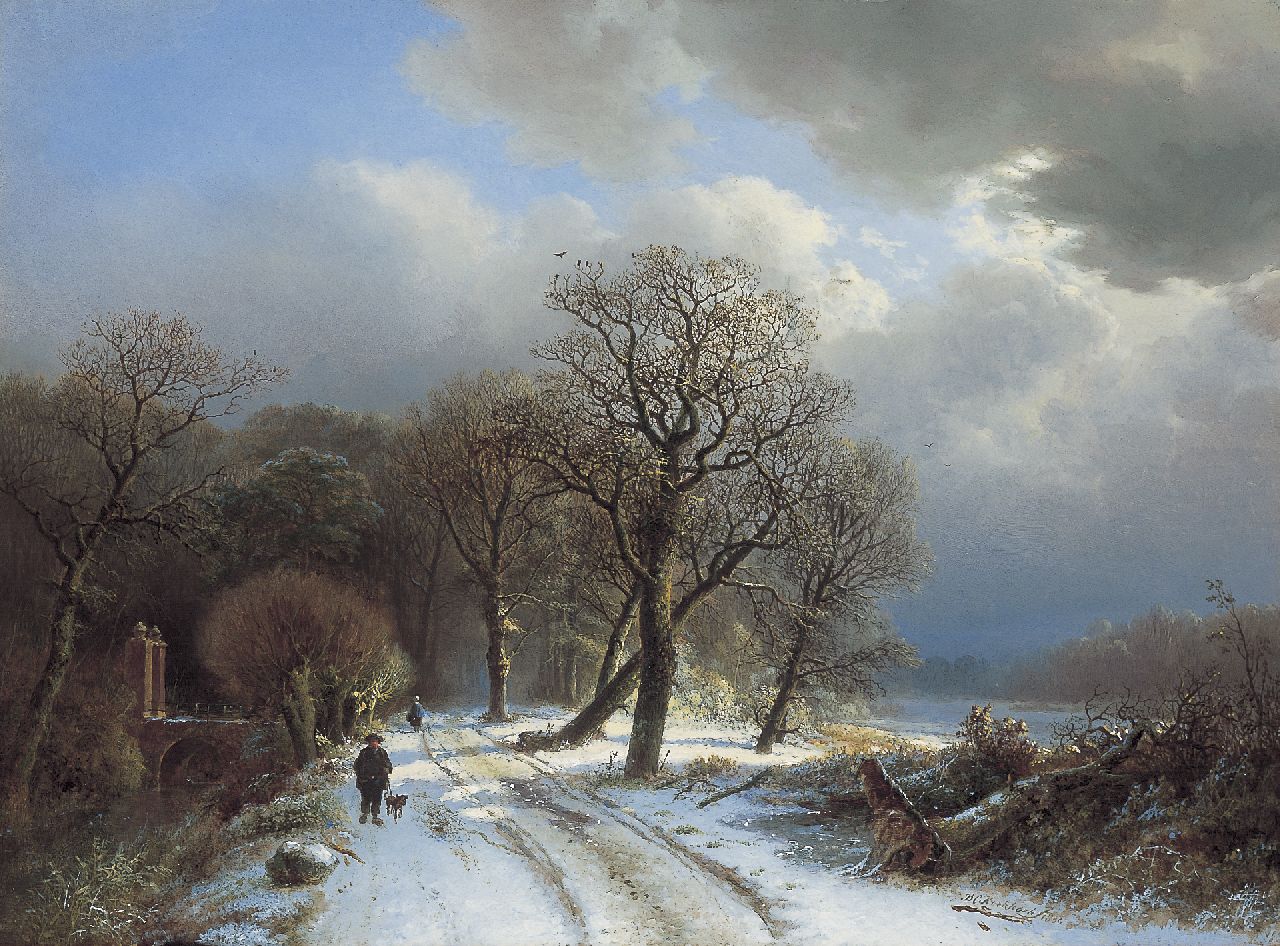 Koekkoek B.C.  | Barend Cornelis Koekkoek, Travellers in a winter landscape, oil on panel 37.0 x 50.5 cm, signed l.r. and dated 1834