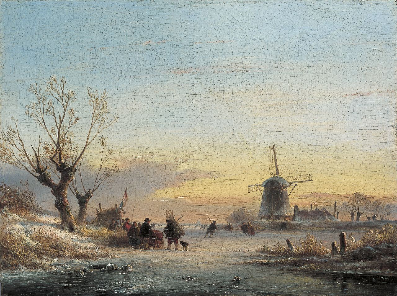 Kleijn L.J.  | Lodewijk Johannes Kleijn, Skaters on the ice by a 'koek en zopie', oil on panel 27.7 x 37.0 cm, signed l.r.