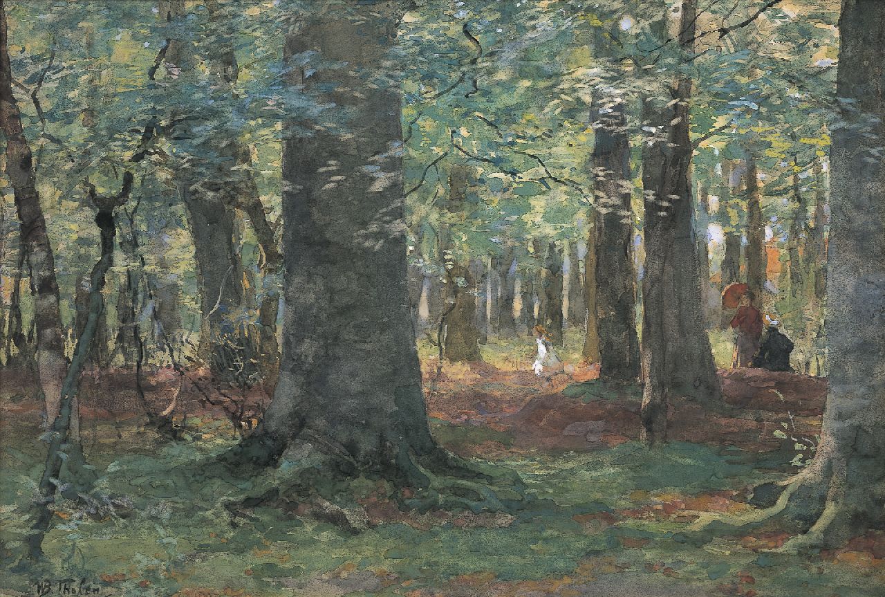 Tholen W.B.  | Willem Bastiaan Tholen, Figures in a forest landscape, watercolour on paper 33.0 x 47.4 cm, signed l.l.