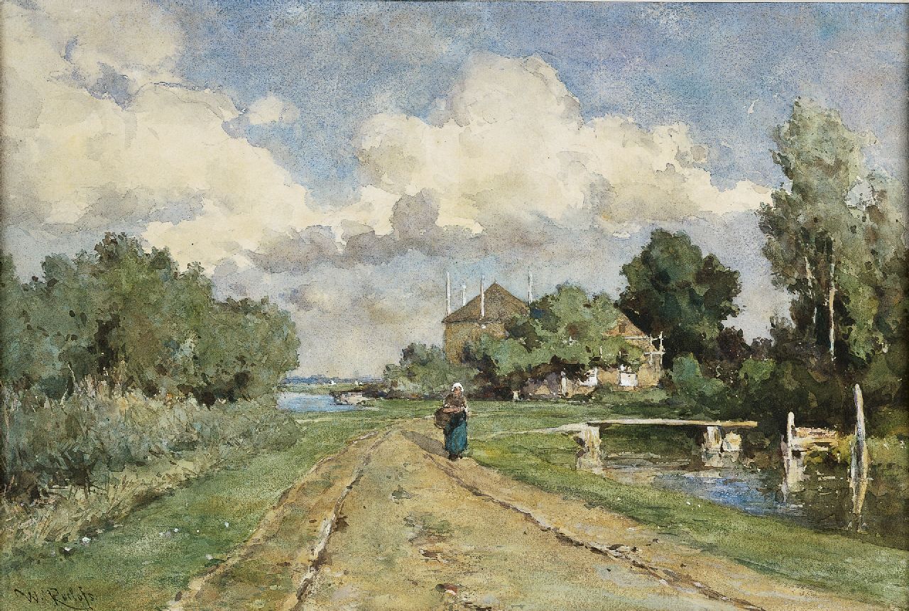Roelofs W.  | Willem Roelofs, A farmer's wife on a country road, watercolour on paper 33.1 x 49.4 cm, signed l.l.