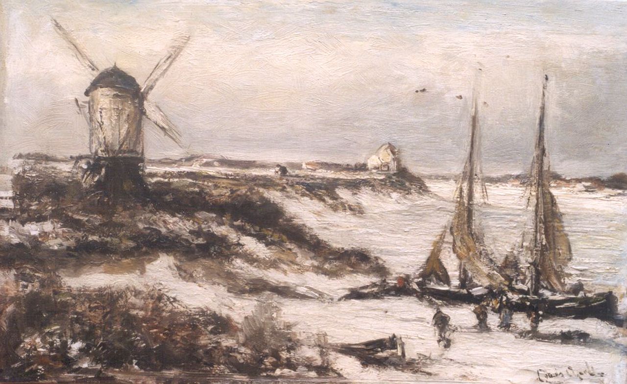 Apol L.F.H.  | Lodewijk Franciscus Hendrik 'Louis' Apol, A winter landscape with moored sailing vessels, oil on canvas 31.8 x 50.0 cm, signed l.r.