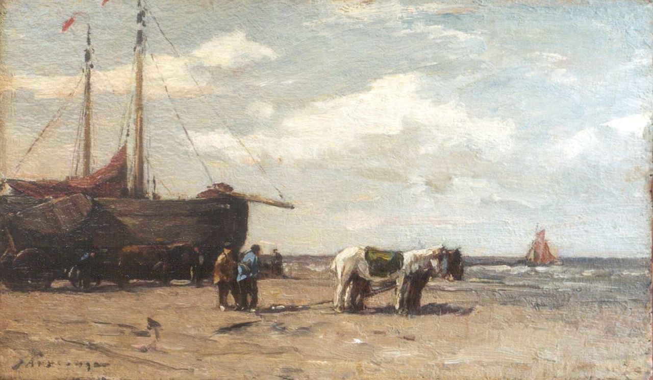 Akkeringa J.E.H.  | 'Johannes Evert' Hendrik Akkeringa, 'Bomschuiten' and figures on the beach, oil on panel 14.3 x 24.3 cm, signed l.l.