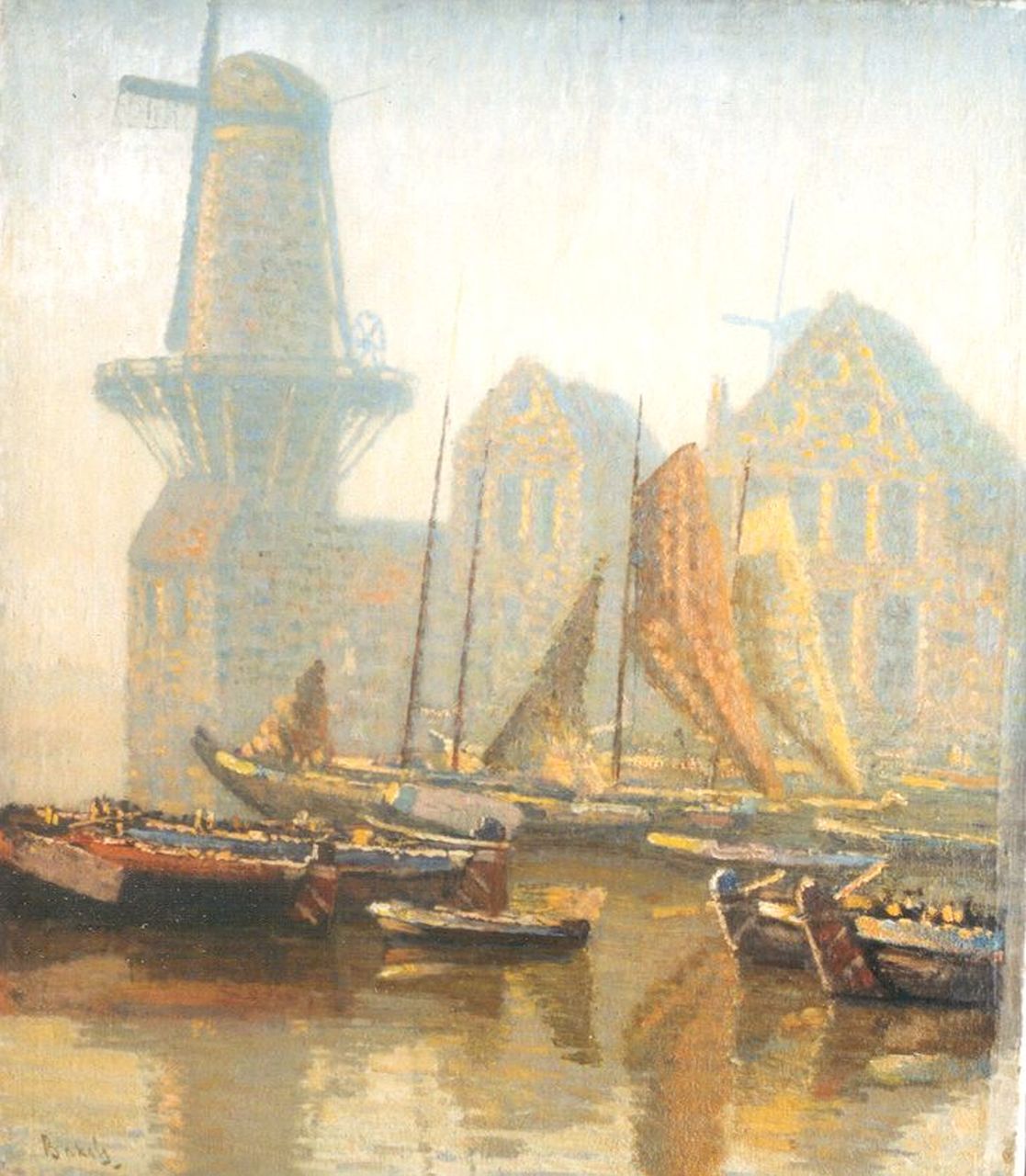 Bakels R.S.  | Reinier Sybrand Bakels, Fishing-boats by a windmill, Delfshaven, oil on canvas 64.0 x 55.1 cm, signed l.l.
