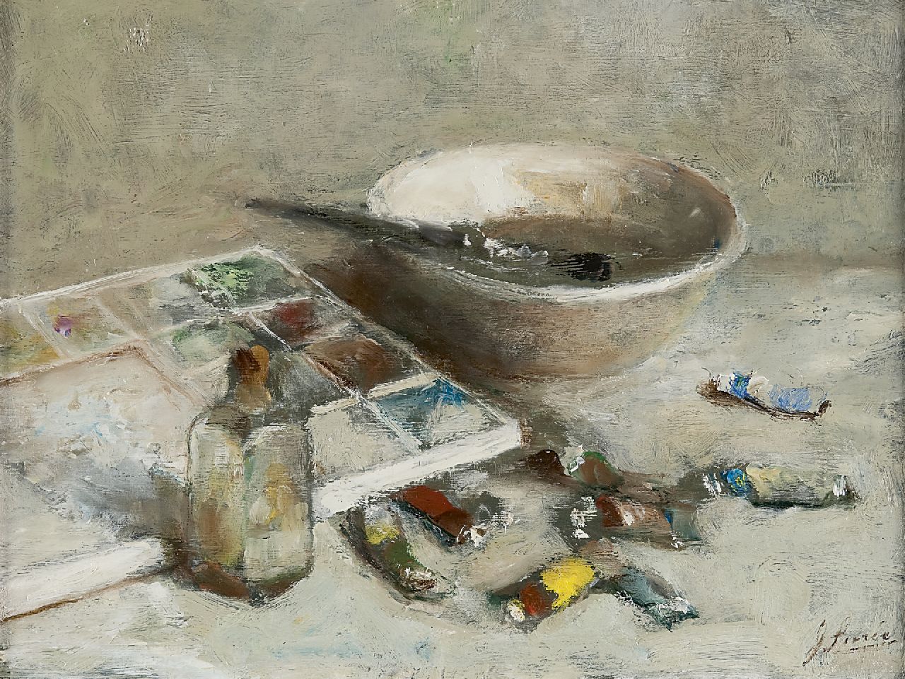 Surie J.  | Jacoba 'Coba' Surie, A still life with painter's tools, oil on canvas 30.4 x 40.1 cm, signed l.r.