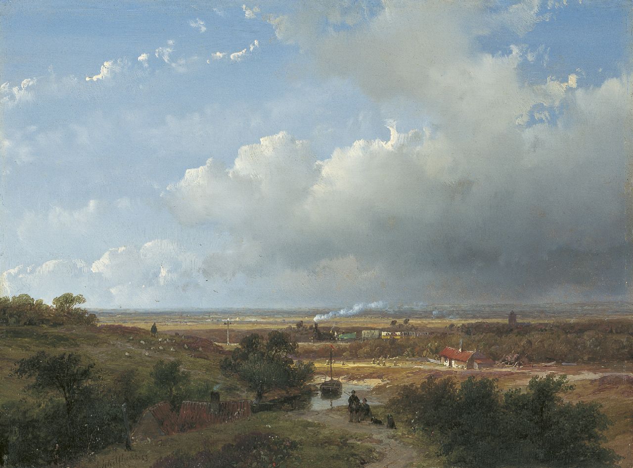 Schelfhout A.  | Andreas Schelfhout, The first Dutch steam train between Haarlem and Leiden, oil on panel 25.0 x 33.2 cm, signed l.l. and dated '53