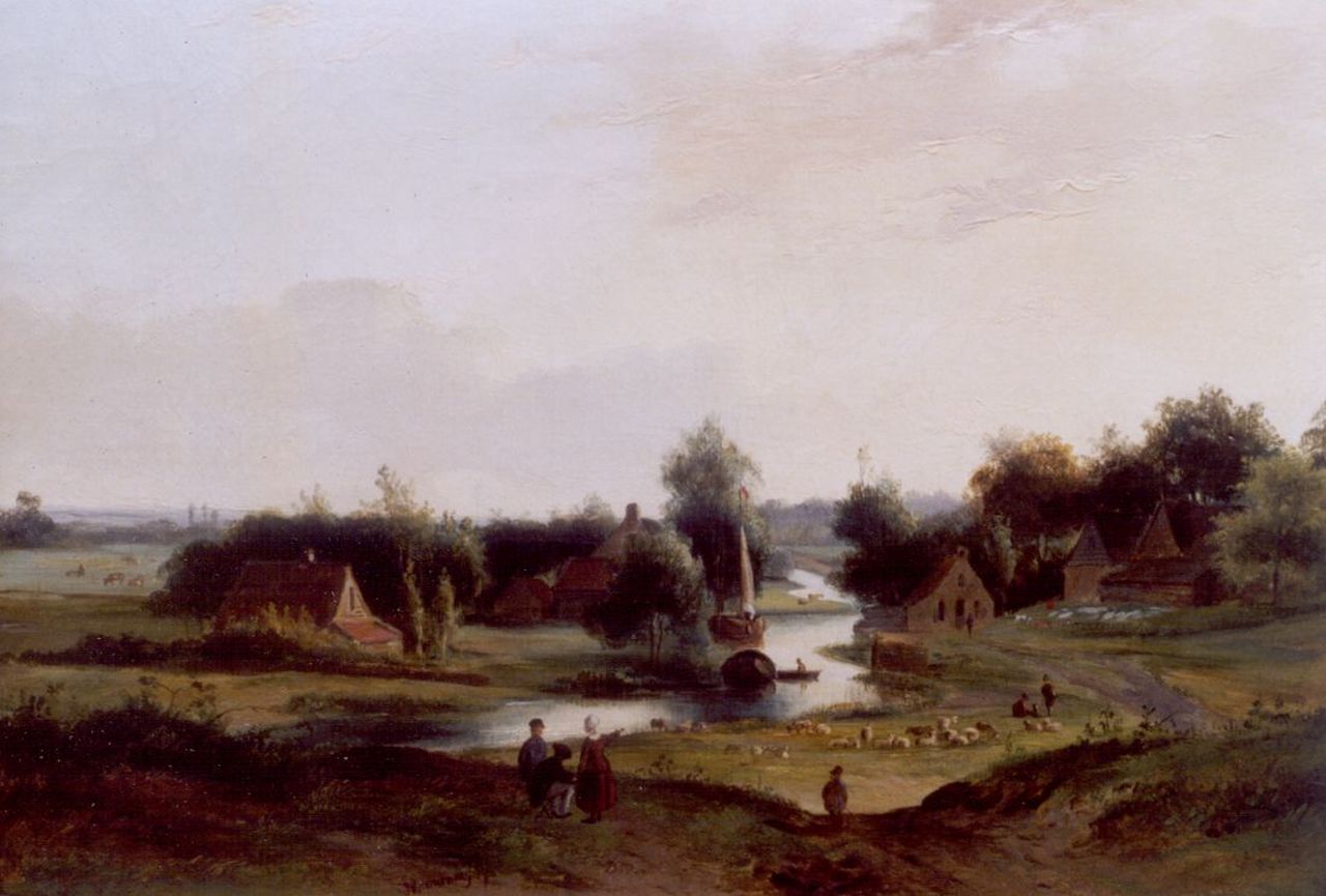 Ravenswaay J. van | Jan van Ravenswaay, An extensive river landscape, oil on canvas 33.9 x 44.0 cm, signed l.l.