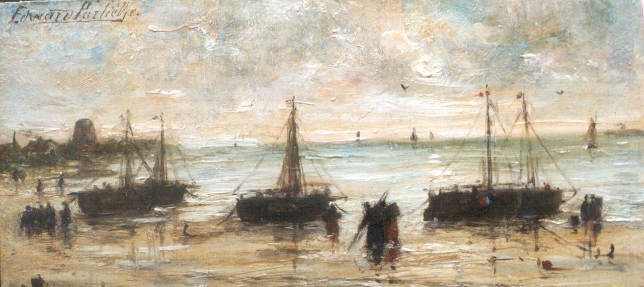 Portielje E.A.  | 'Edward' Antoon Portielje, Anchored 'bomschuiten' on the beach, oil on panel 8.3 x 17.4 cm, signed u.l.