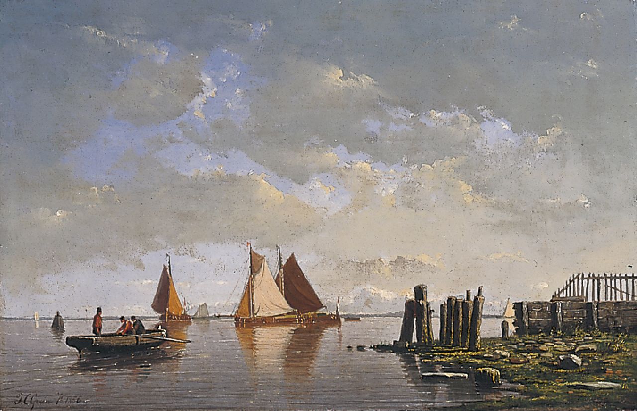 Greive J.C.  | Johan Conrad 'Coen' Greive, A sea view with barges and a rowing boat, oil on panel 22.0 x 33.4 cm, signed l.l. and dated 1856