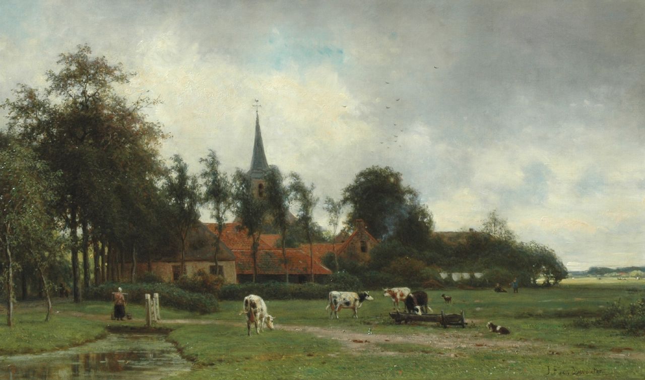 Deventer J.F. van | Jan Frederik van Deventer, Cattle in a meadow, a church beyond, oil on canvas 53.5 x 89.2 cm, signed l.r.