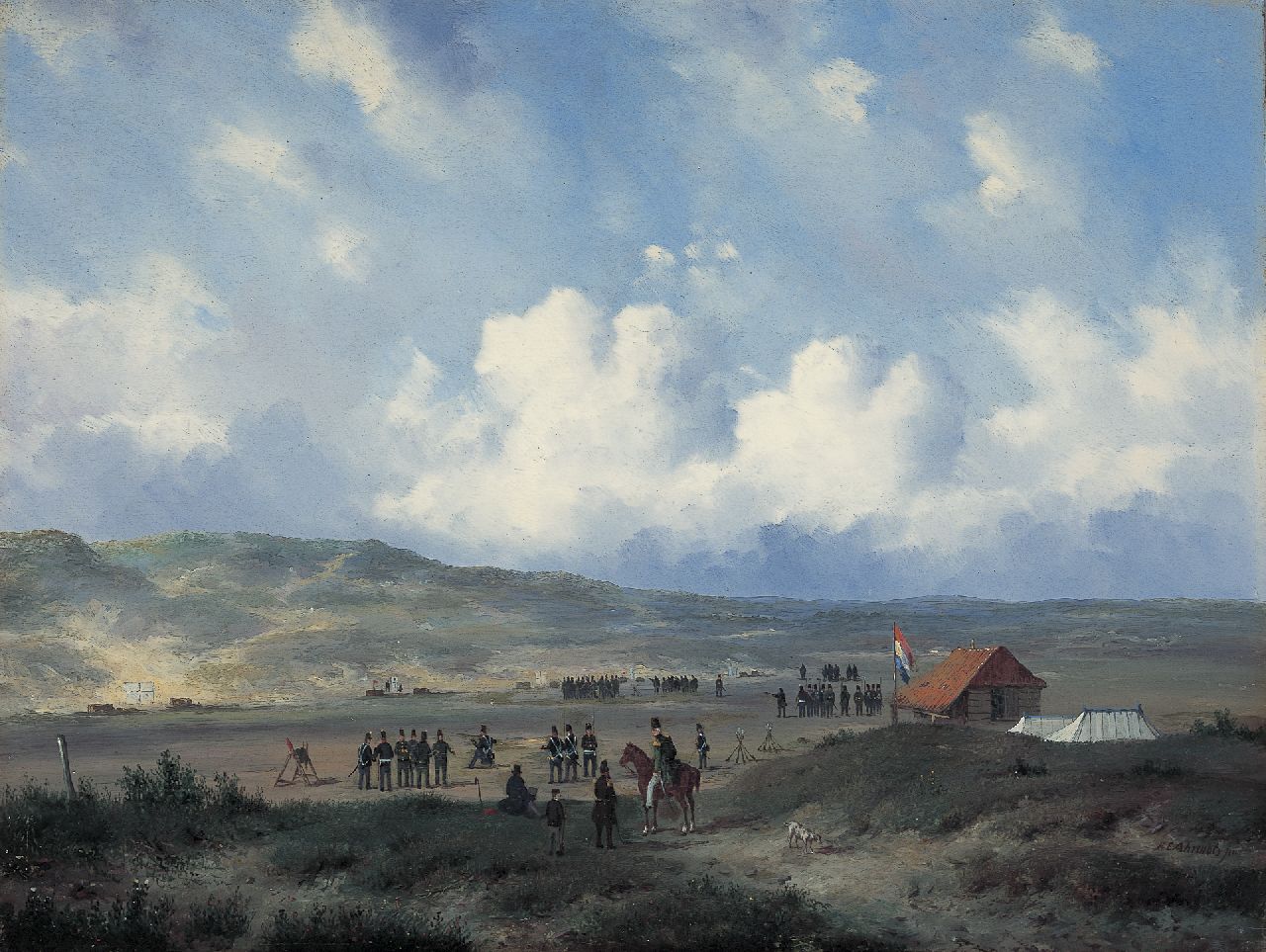 Ahrendts C.E.  | Carl Eduard Ahrendts, Infantry at the shooting-range in the dunes near Waalsdorp, oil on panel 33.0 x 43.7 cm, gesigneerd rechtsonder and te dateren na 1840