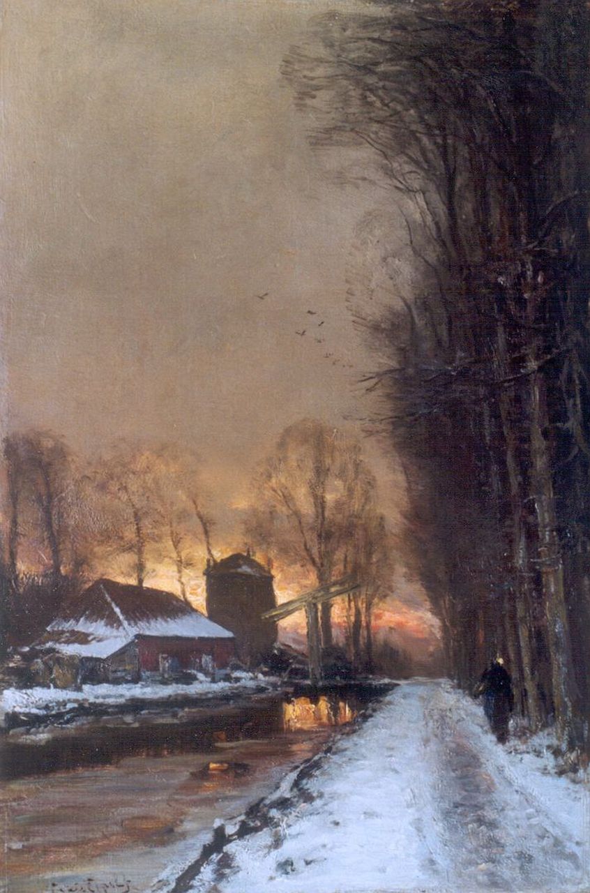 Apol L.F.H.  | Lodewijk Franciscus Hendrik 'Louis' Apol, A winter landscape with a  traveller on a path at dusk, oil on canvas 60.1 x 40.2 cm, signed l.l.