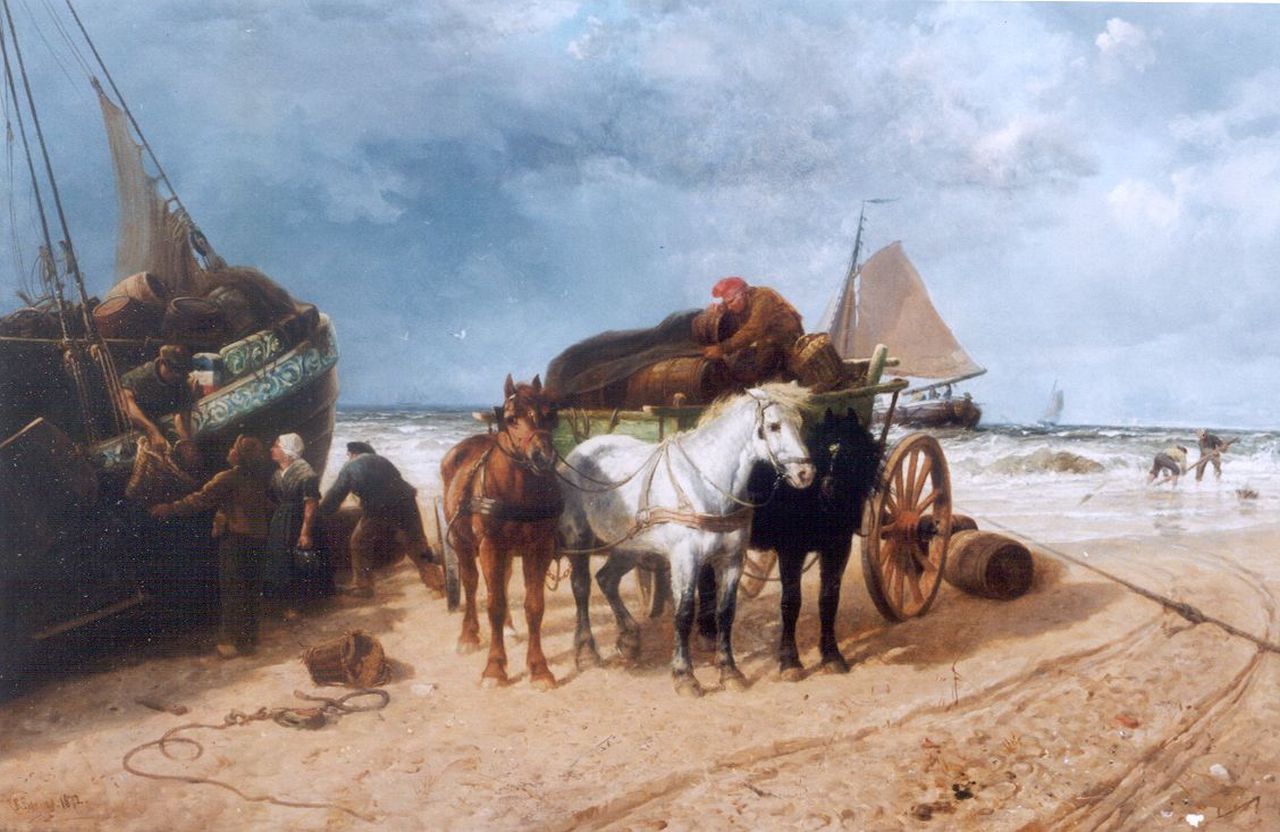 Beavis R.  | Richard Beavis, Unloading the catch, Scheveningen, oil on canvas 86.5 x 124.6 cm, signed l.l. and dated 1872