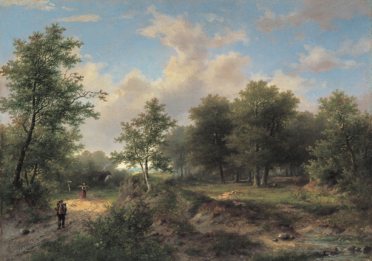 Koekkoek P.H.  | Pieter Hendrik 'H.P.' Koekkoek, Travellers on a country road, oil on panel 28.6 x 40.3 cm, signed l.l. and dated 1869