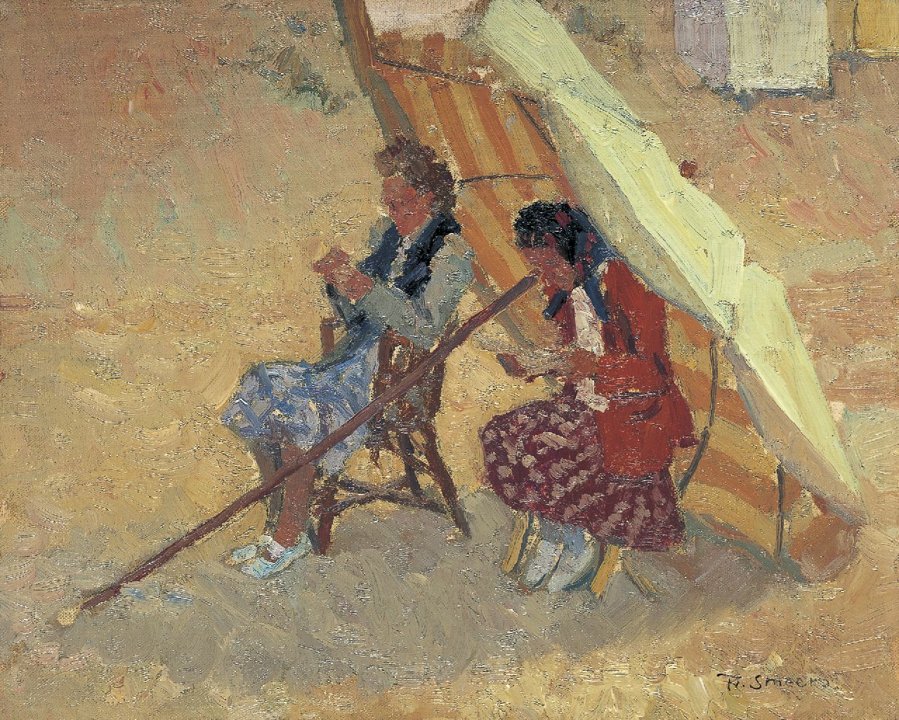 Smeers F.  | Frans Smeers, Women reading on the beach of Nieuwpoort, oil on canvas laid down on painter's board 32.9 x 40.9 cm, signed l.r.