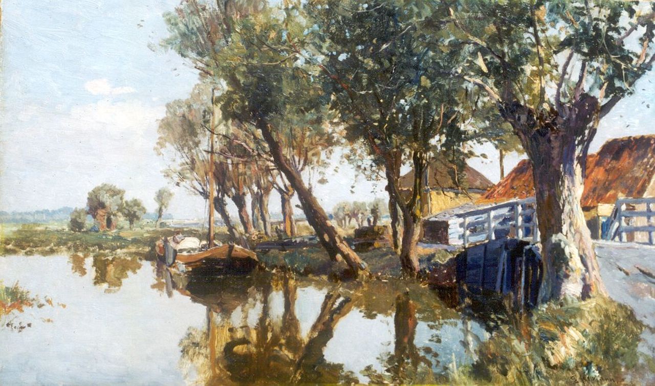 Altmann G.  | Gerard Altmann, Moored boats near a farm, oil on board 37.9 x 62.0 cm, signed l.r.