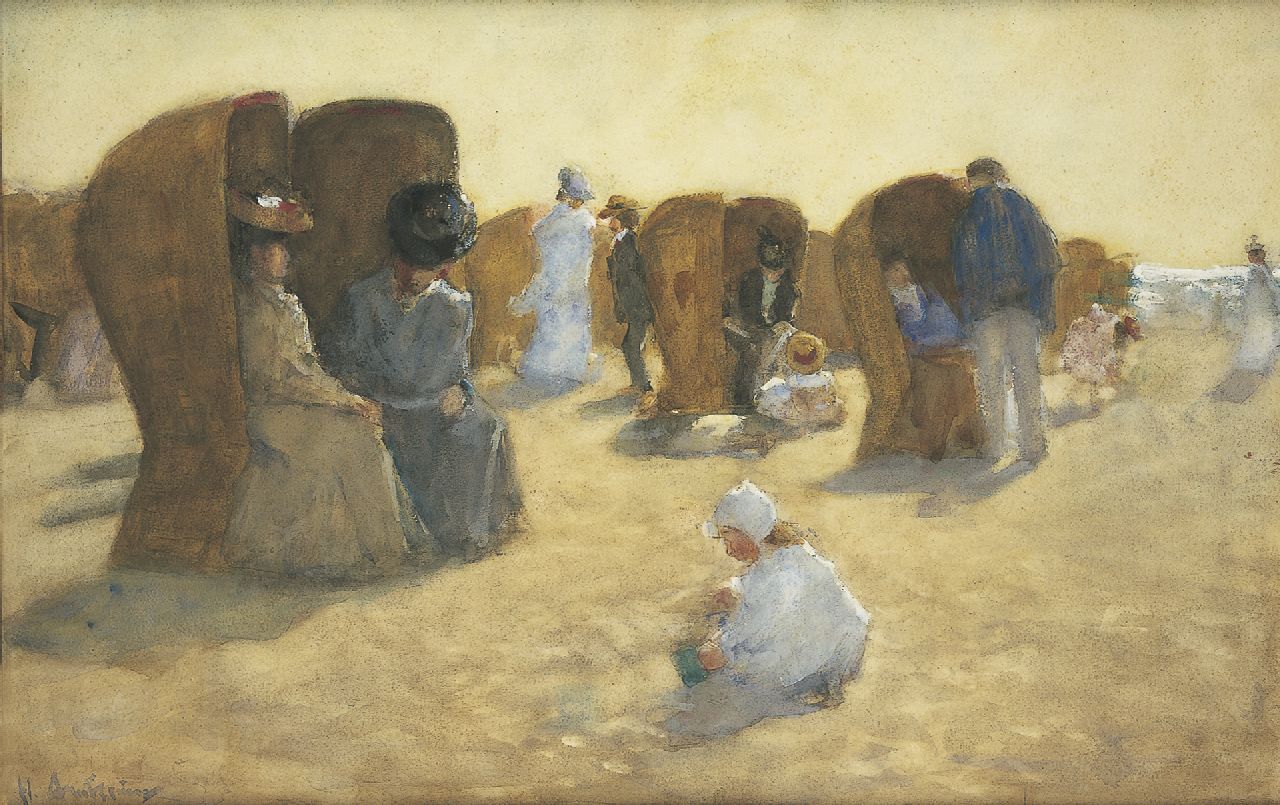 Arntzenius P.F.N.J.  | Pieter Florentius Nicolaas Jacobus 'Floris' Arntzenius, Elegant bathers on the beach of Scheveningen, watercolour on paper 34.7 x 53.9 cm, signed l.l. and painted 1904-1906