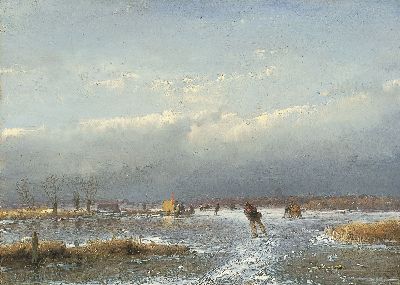 Schelfhout A.  | Andreas Schelfhout, A winter landscape with skaters and a 'koek-en-zopie' on the ice, oil on panel 17.3 x 24.1 cm, signed l.l. and painted between 1866-1868
