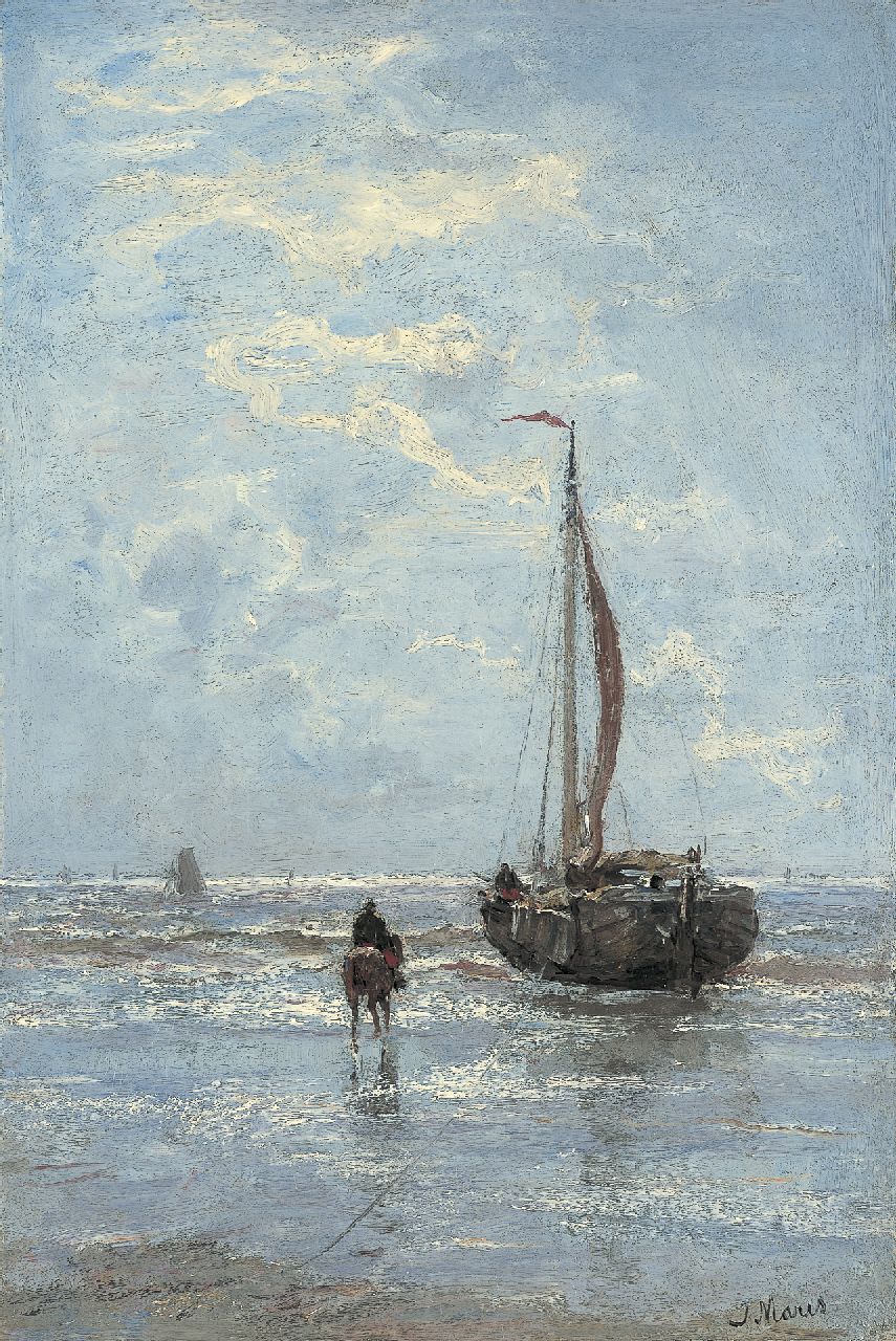 Maris J.H.  | Jacobus Hendricus 'Jacob' Maris, 'Bomschuit' on the beach, oil on canvas 44.0 x 29.8 cm, signed l.r.