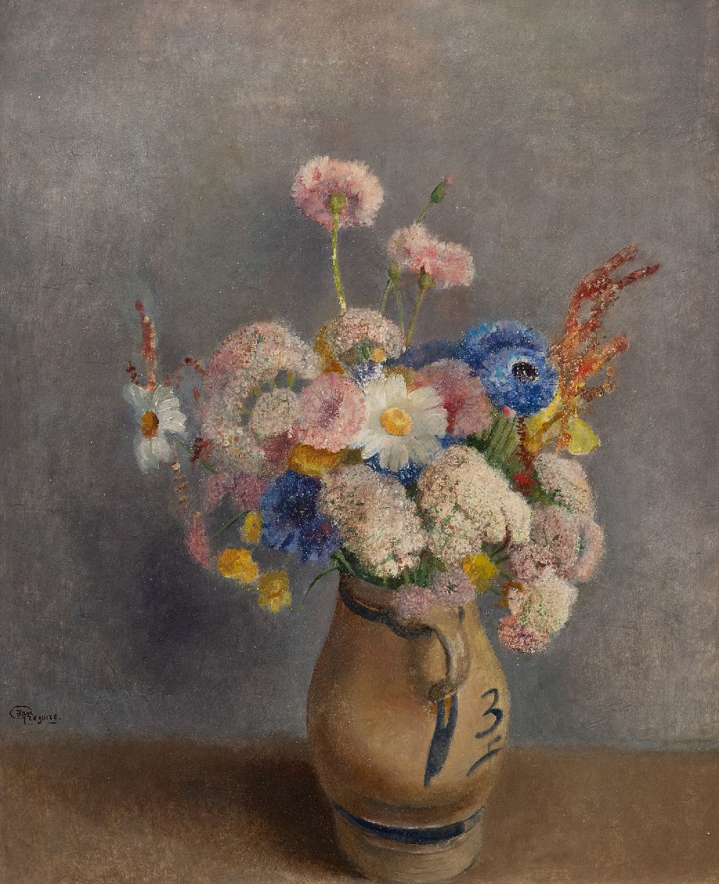 Grégoire J.H.  | Johannes Hubertus 'Jan' Grégoire | Paintings offered for sale | Flowers in a stone jug, oil on masonite 50.0 x 40.0 cm, signed l.l. and without frame