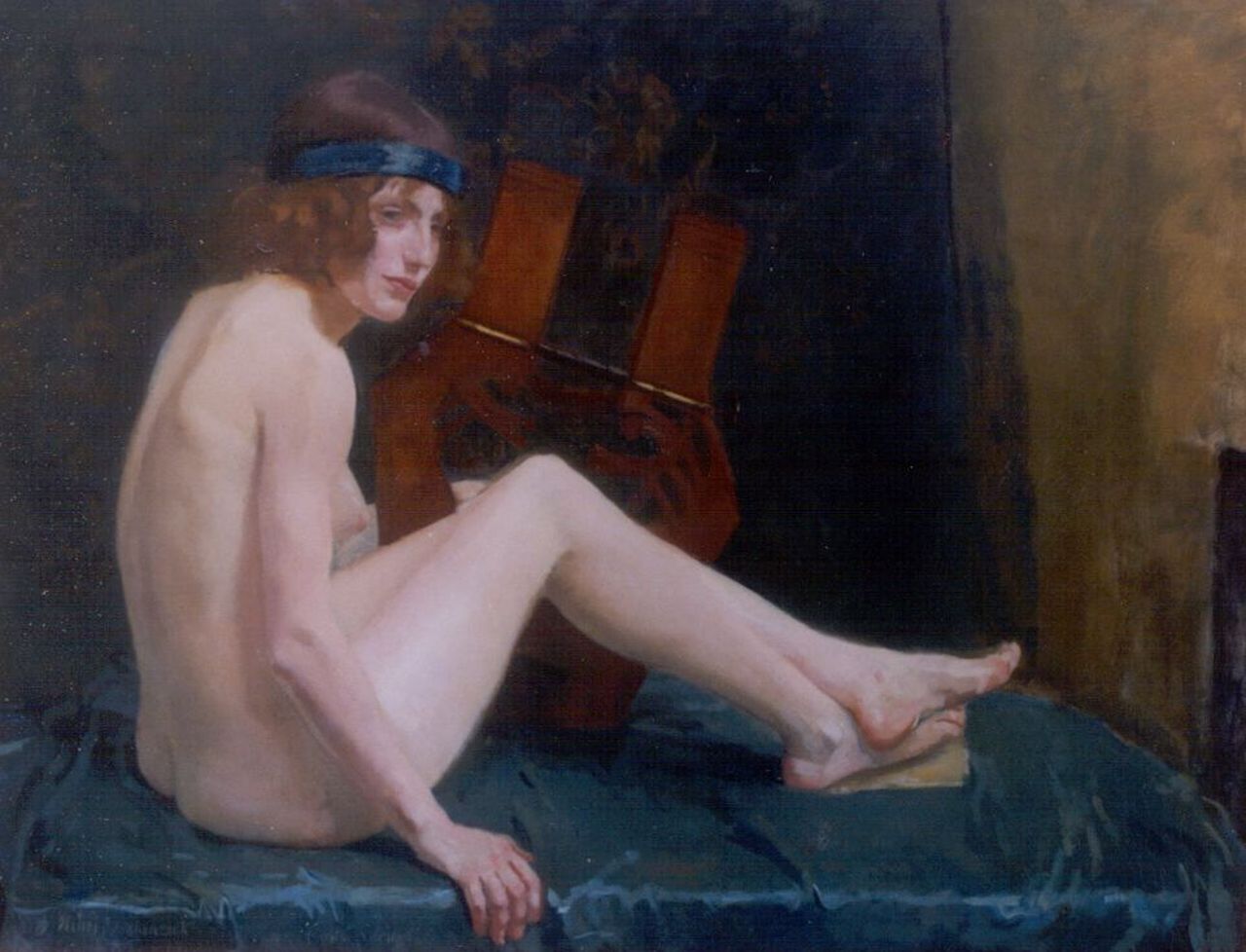 Braakensiek H.  | Henri Braakensiek, A female nude with a lyre, oil on canvas 101.0 x 131.0 cm, signed l.l. and dated '14