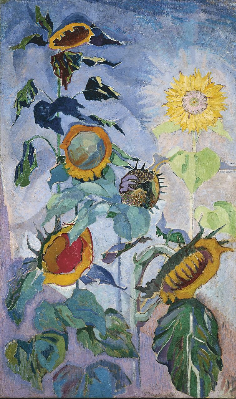 Braakensiek H.  | Henri Braakensiek, Sunflowers, oil on canvas 122.8 x 70.5 cm, signed l.r. and on the reverse with initials and dated 1918 on the reverse