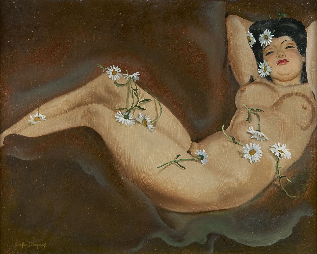 Choprix L.M.R.  | Louis Marie 'René' Choprix, A reclining Marquerite, oil on board 50.0 x 61.0 cm, signed l.l. and on the reverse